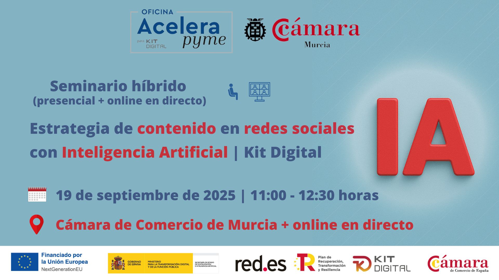 seminario + webinar | Estrategia de contenidos en redes sociales con Inteligencia Artificial | Oficina Acelera Pyme | Cámara de Comercio de Murcia